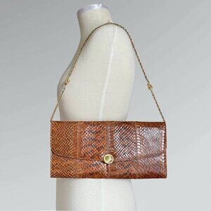 Vintage 70s G.Castellari Brown Snakeskin & Gold Tone Italian Shoulder Bag Clutch
